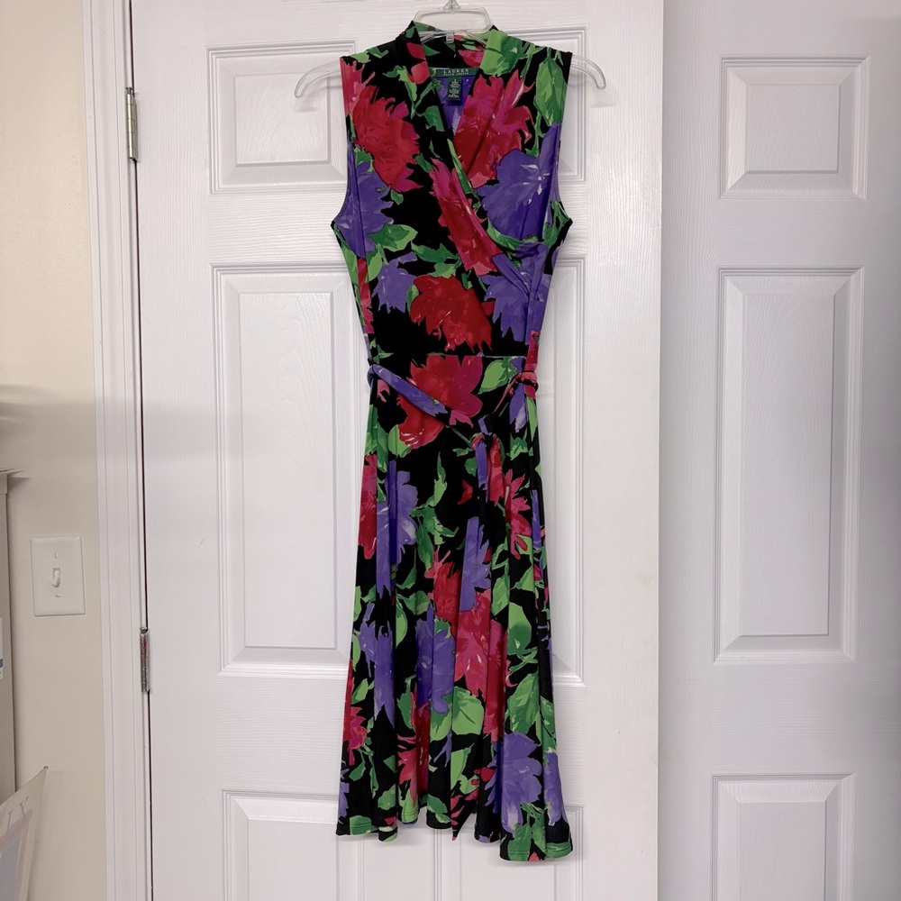 Lauren Ralph Lauren Bright Floral Faux Wrap Stretchy Dress Sz S